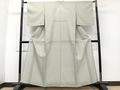 平和屋着物＊夏物　色無地　よろけ縞紋紗　白緑色　正絹　逸品　CABJ4049xi