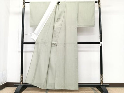 平和屋着物＊夏物　色無地　よろけ縞紋紗　白緑色　正絹　逸品　CABJ4049xi