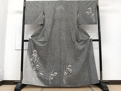 平和屋着物＊夏物　訪問着　絽　枝草花文　たたき染め　黒地　銀彩　正絹　逸品　CABJ4100xi