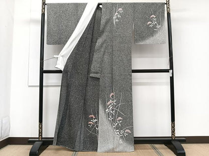 平和屋着物＊夏物　訪問着　絽　枝草花文　たたき染め　黒地　銀彩　正絹　逸品　CABJ4100xi