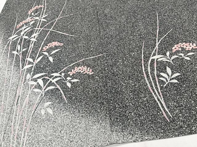 平和屋着物＊夏物　訪問着　絽　枝草花文　たたき染め　黒地　銀彩　正絹　逸品　CABJ4100xi