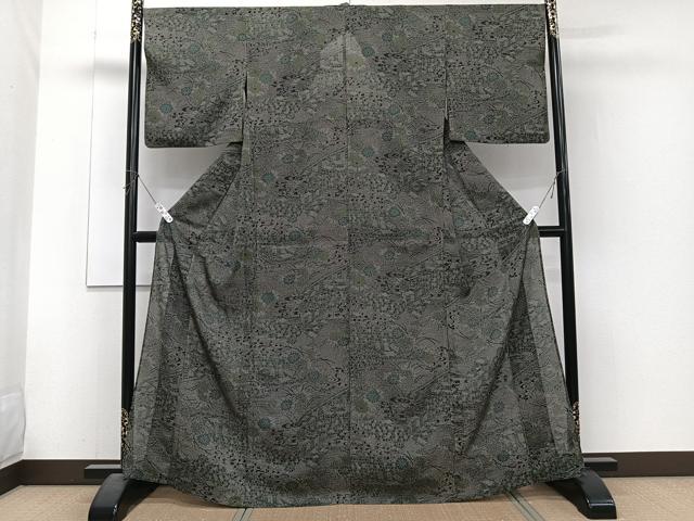 平和屋着物＊夏物　小紋　紗　流水風景文　黒地　洗える着物　CABJ4117xi