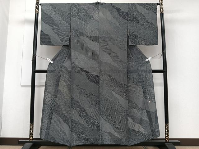 平和屋着物＊夏物　江戸小紋　絽　北原寿永　寄せ小紋柄　黒地　正絹　逸品　CABJ4124xi