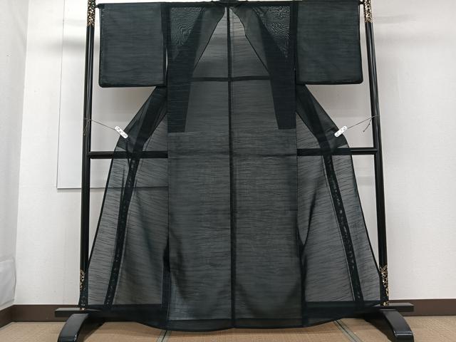 平和屋着物＊夏物　小紋　紗　横段草文　黒地　正絹　逸品　CABJ4132xi
