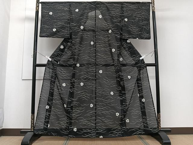 平和屋着物＊夏物　小紋　絽　芝花文　黒地　洗える着物　CABJ4143xi