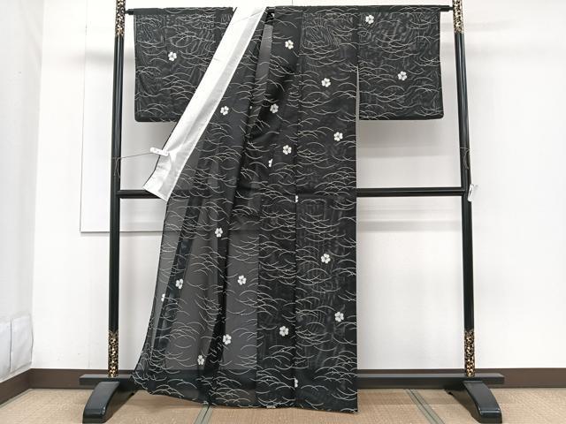 平和屋着物＊夏物　小紋　絽　芝花文　黒地　洗える着物　CABJ4143xi