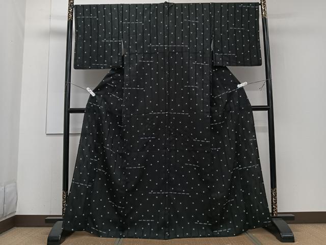 平和屋着物＊夏物　小紋　魚　黒地　洗える着物　CABJ4183xi