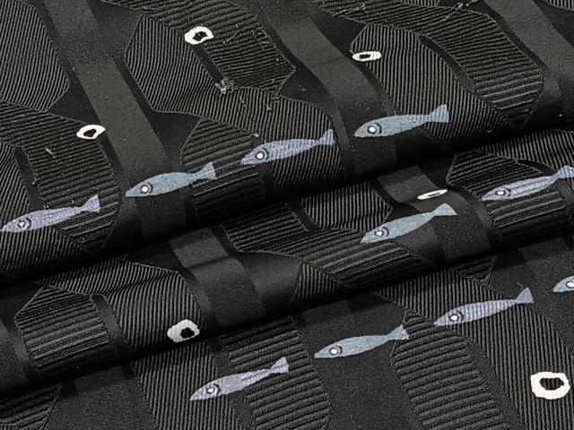 平和屋着物＊夏物　小紋　魚　黒地　洗える着物　CABJ4183xi