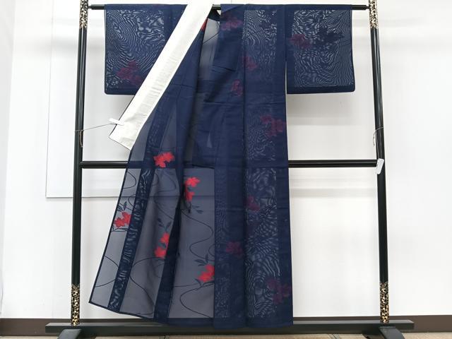 平和屋着物＊夏物　小紋　紗　流水草花文　正絹　逸品　CABJ4189xi