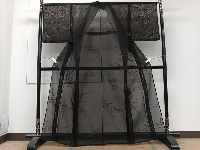 平和屋着物＊夏物　小紋　紗　草花文　黒地　正絹　逸品　未使用　CABJ4192xi