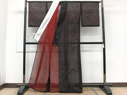 平和屋着物＊夏物　小紋　紗　草花文　黒地　正絹　逸品　未使用　CABJ4192xi
