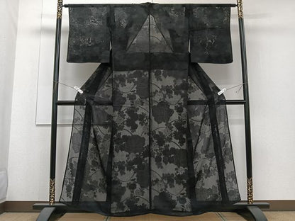 平和屋着物＊夏物　色無地　草花紋紗　黒地　正絹　逸品　CABJ4217xi