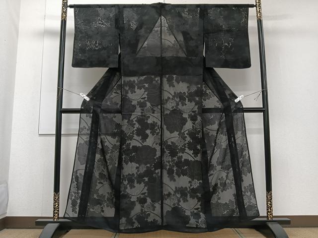平和屋着物＊夏物　色無地　草花紋紗　黒地　正絹　逸品　CABJ4217xi
