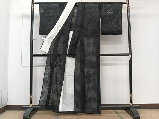 平和屋着物＊夏物　色無地　草花紋紗　黒地　正絹　逸品　CABJ4217xi