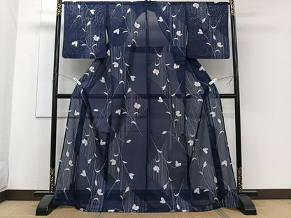 平和屋着物＊夏物　小紋　絽　枝草花文　黒地　洗える着物　CABJ4227xi