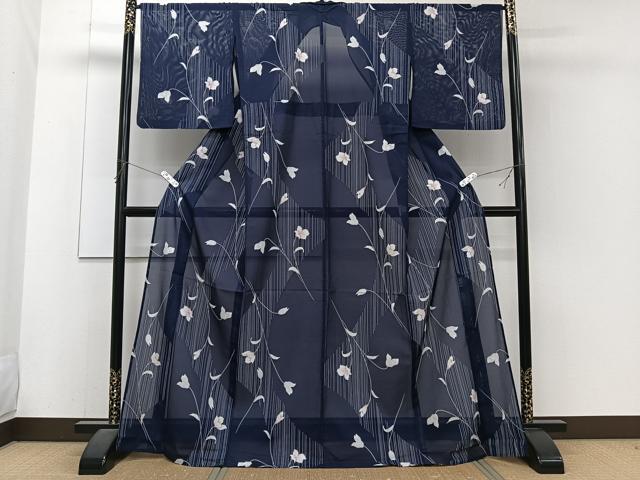 平和屋着物＊夏物　小紋　絽　枝草花文　黒地　洗える着物　CABJ4227xi