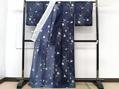 平和屋着物＊夏物　小紋　絽　枝草花文　黒地　洗える着物　CABJ4227xi