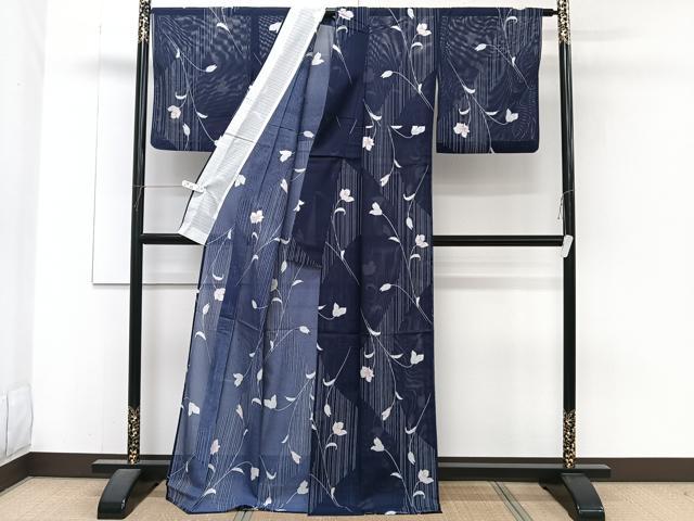 平和屋着物＊夏物　小紋　絽　枝草花文　黒地　洗える着物　CABJ4227xi