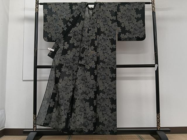 平和屋着物＊夏物　小紋　紗　舞葉文　黒地　洗える着物　CABJ4228xi