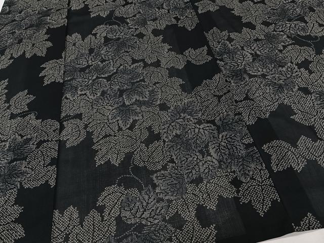平和屋着物＊夏物　小紋　紗　舞葉文　黒地　洗える着物　CABJ4228xi