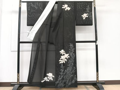 平和屋着物＊夏物　訪問着　絽　枝草花文　黒地　金彩　正絹　逸品　CABJ4275xi
