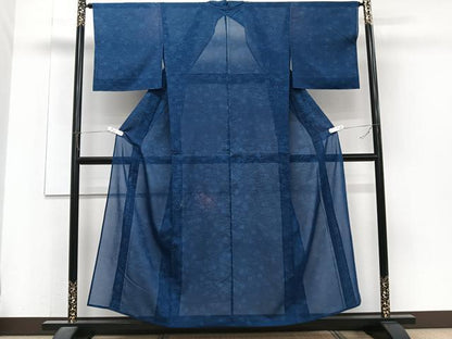 平和屋着物＊夏物　小紋　紗　藍　こぼれ松葉花文　正絹　逸品　CABJ4277xi