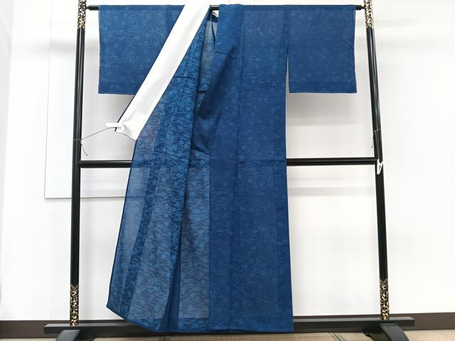 平和屋着物＊夏物　小紋　紗　藍　こぼれ松葉花文　正絹　逸品　CABJ4277xi