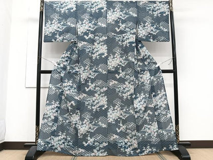 平和屋着物＊夏物　小紋　絽　幾何学風景花文　洗える着物　CABJ4283xi