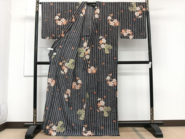 平和屋着物＊ファッションブランド　hiromichi nakano　ヒロミチナカノ　夏物　小紋　紗　草花文　黒地　洗える着物　CABJ4290xi