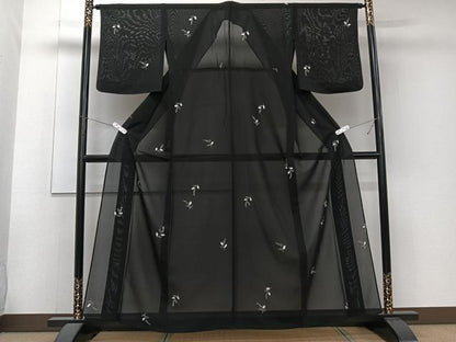 平和屋着物＊夏物　小紋　絽　絞り　草花文　黒地　正絹　逸品　CABJ4311xi