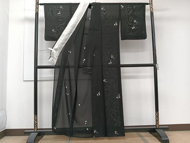 平和屋着物＊夏物　小紋　絽　絞り　草花文　黒地　正絹　逸品　CABJ4311xi