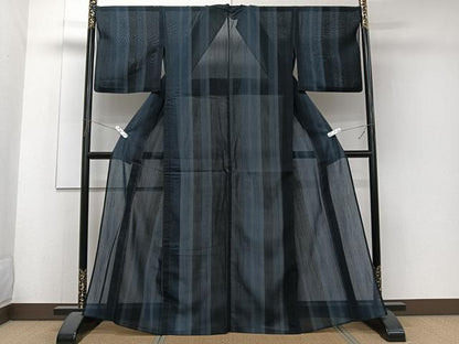 平和屋着物＊夏物　夏結城　100亀甲　亀甲間道　黒地　正絹　逸品　CABJ4312xi