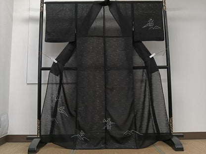 平和屋着物＊夏物　訪問着　流水紋紗　兎　蛙　黒地　正絹　逸品　CABJ4313xi