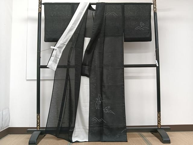 平和屋着物＊夏物　訪問着　流水紋紗　兎　蛙　黒地　正絹　逸品　CABJ4313xi