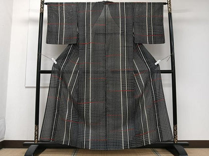 平和屋着物＊夏物　小紋　絽　間道丸文　黒地　洗える着物　CABJ4345xi