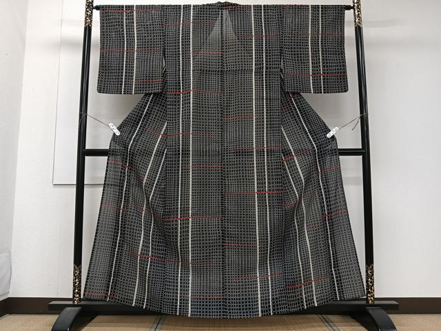 平和屋着物＊夏物　小紋　絽　間道丸文　黒地　洗える着物　CABJ4345xi