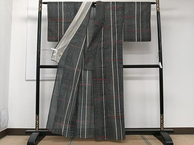 平和屋着物＊夏物　小紋　絽　間道丸文　黒地　洗える着物　CABJ4345xi