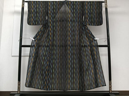 平和屋着物＊夏物　小紋　絽　縞　黒地　洗える着物　CABJ4356xi