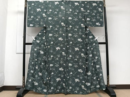 平和屋着物＊夏物　小紋　絽　型染め　草花文　正絹　逸品　CABJ4381xi