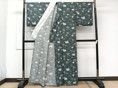 平和屋着物＊夏物　小紋　絽　型染め　草花文　正絹　逸品　CABJ4381xi