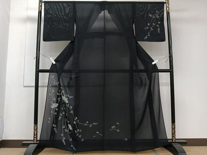 平和屋着物＊夏物　訪問着　絽　枝垂れ扇花文　黒地　金彩　正絹　逸品　CABJ4384xi