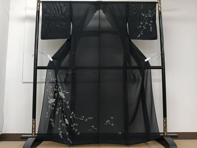 平和屋着物＊夏物　訪問着　絽　枝垂れ扇花文　黒地　金彩　正絹　逸品　CABJ4384xi