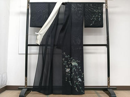 平和屋着物＊夏物　訪問着　絽　枝垂れ扇花文　黒地　金彩　正絹　逸品　CABJ4384xi