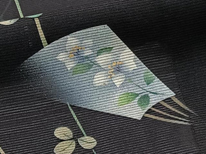 平和屋着物＊夏物　訪問着　絽　枝垂れ扇花文　黒地　金彩　正絹　逸品　CABJ4384xi