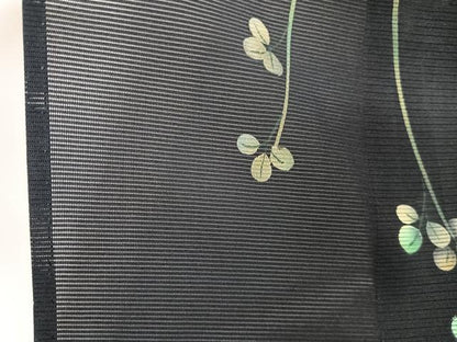 平和屋着物＊夏物　訪問着　絽　枝垂れ扇花文　黒地　金彩　正絹　逸品　CABJ4384xi