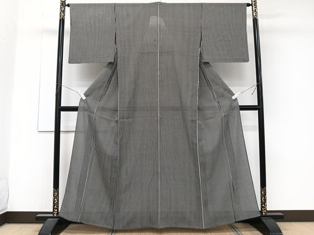 平和屋着物＊夏物　小紋　絽　縞　黒地　正絹　逸品　CABJ4388xi
