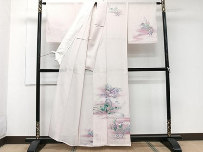 平和屋着物＊夏物　訪問着　絽　籬流水風景文　銀彩　正絹　逸品　CABJ4389xi