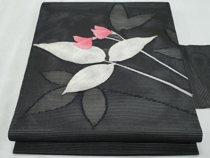 平和屋着物＊夏物　九寸名古屋帯　枝花文　黒地　銀糸　正絹　逸品　CABJ4401fb