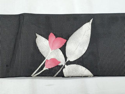 平和屋着物＊夏物　九寸名古屋帯　枝花文　黒地　銀糸　正絹　逸品　CABJ4401fb
