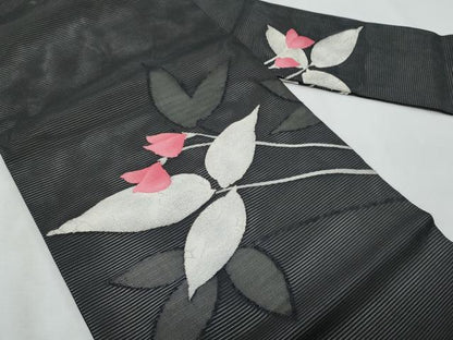平和屋着物＊夏物　九寸名古屋帯　枝花文　黒地　銀糸　正絹　逸品　CABJ4401fb